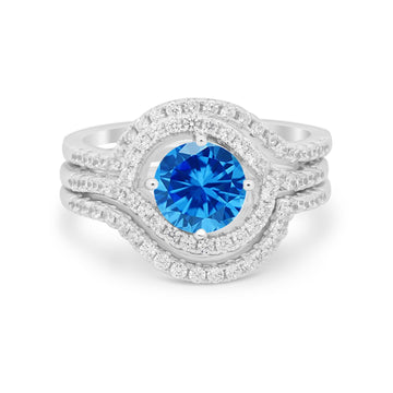 Three Piece Ring Band Round Simulated Blue Topaz CZ 925 Sterling Silver